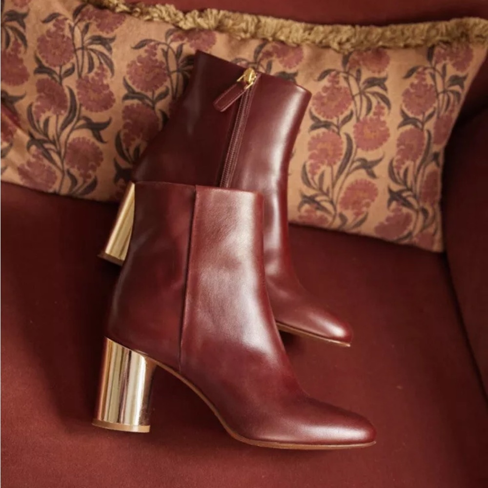 NIB Sezane Burgundy Leather Lea Gold Heel Boots FR 38 US 7